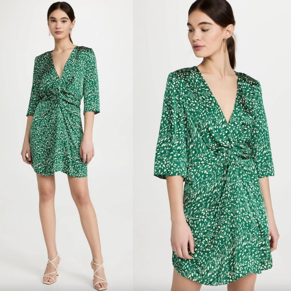 ba&sh Printed Erika Dress V Neck Vert Green & Cream Spring Summer Vacation, Sz M